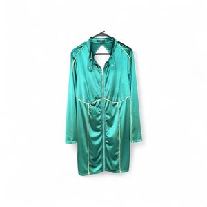 Emerald Satin Longline Zip Jacket with Gold Piping